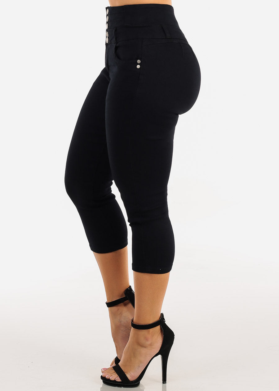 MX JEANS Butt Lift Thick Waist Black Stretch Denim Capris