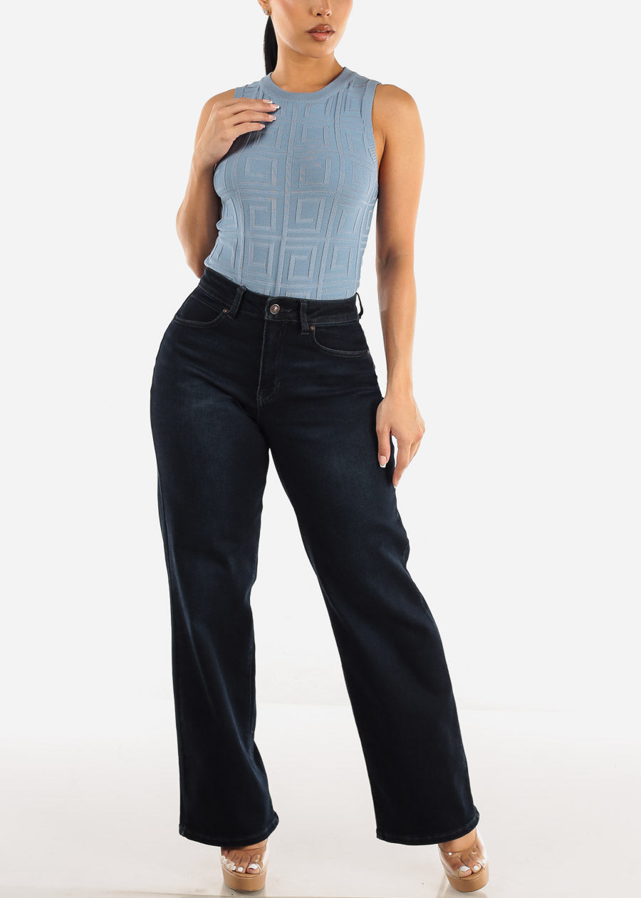 High Waist Wide Leg Straight Stretch Jeans Indigo