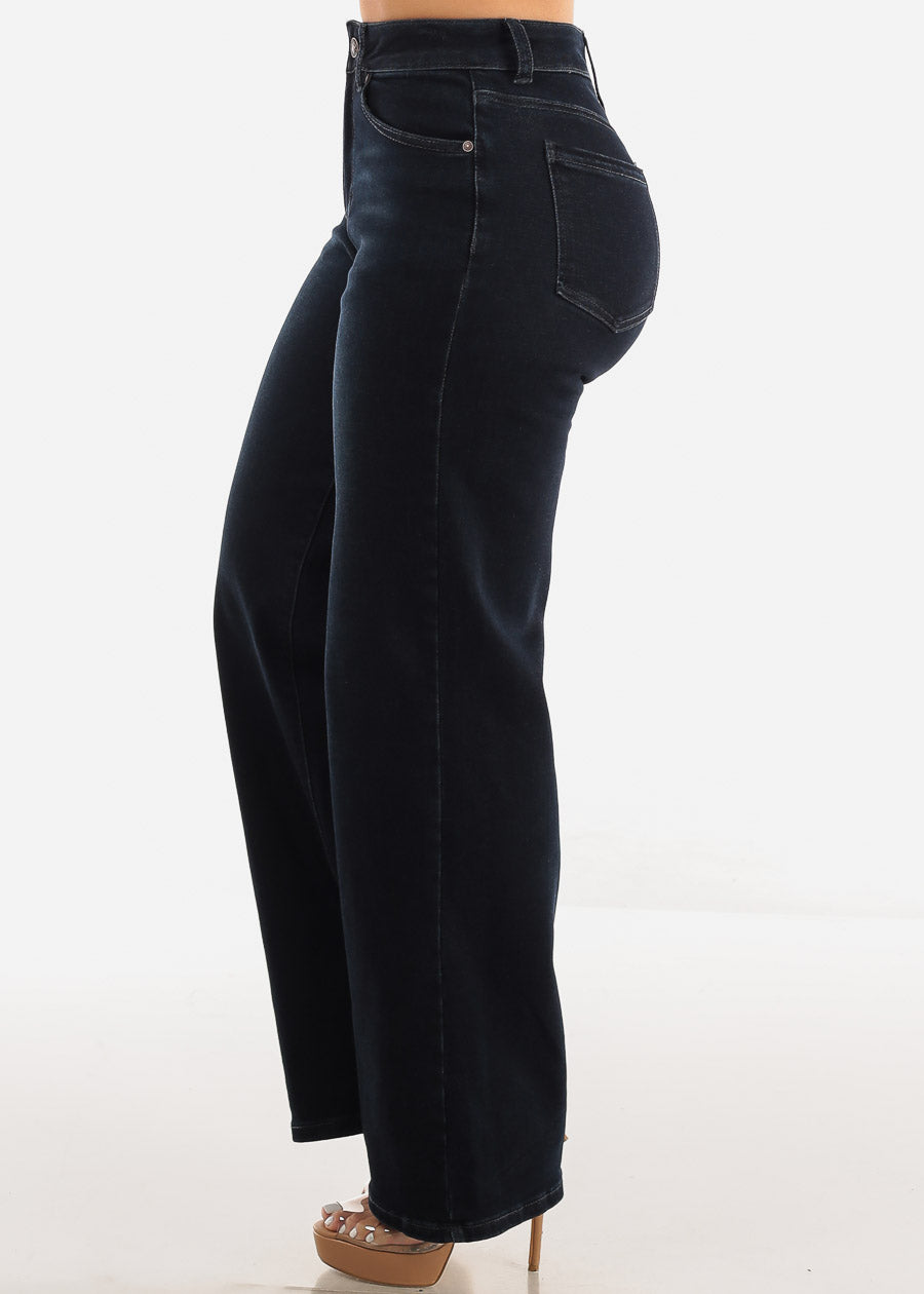 High Waist Wide Leg Straight Stretch Jeans Indigo