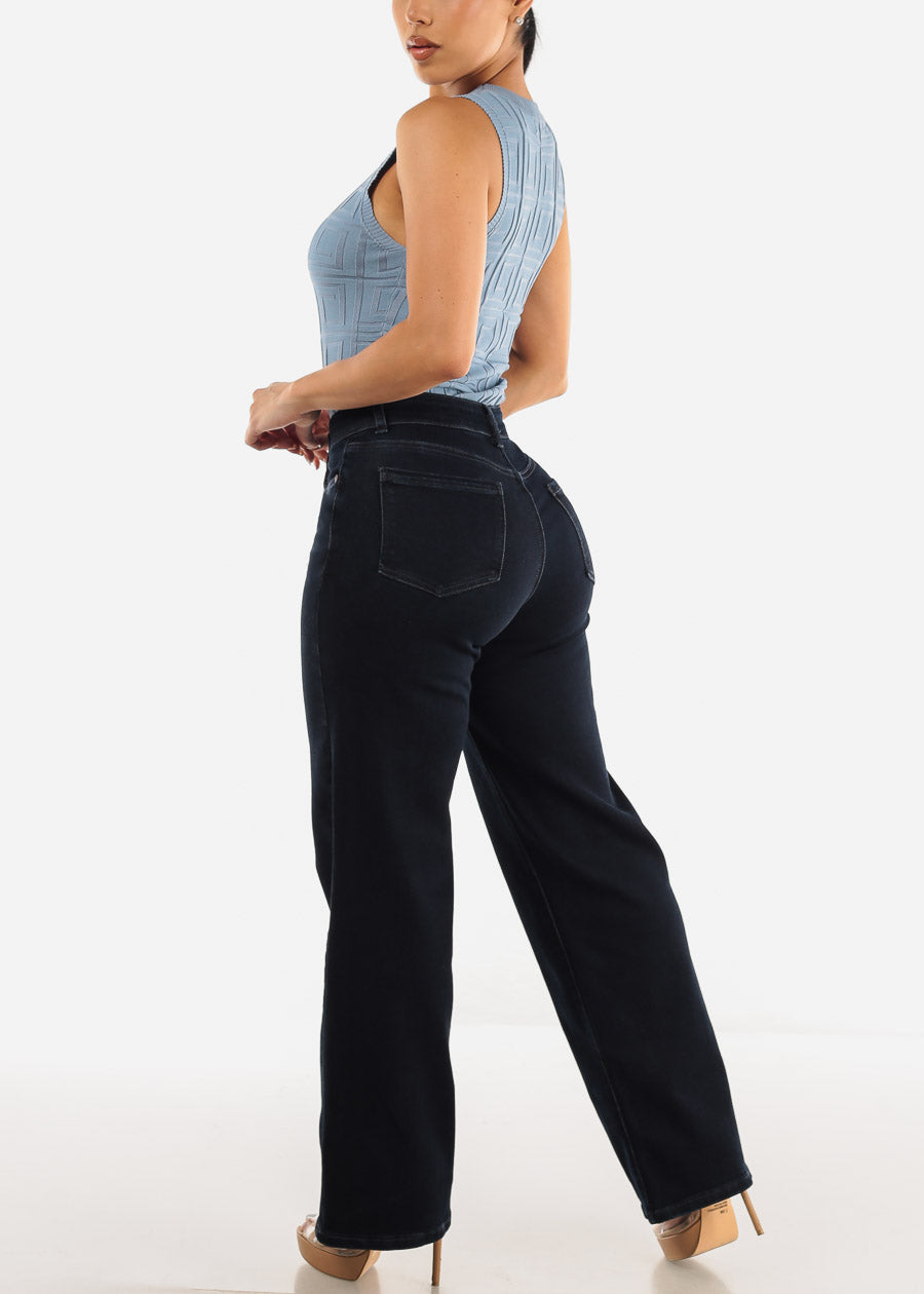 High Waist Wide Leg Straight Stretch Jeans Indigo