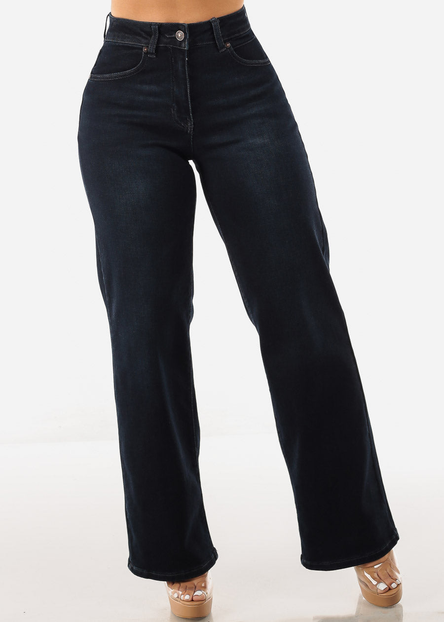 High Waist Wide Leg Straight Stretch Jeans Indigo