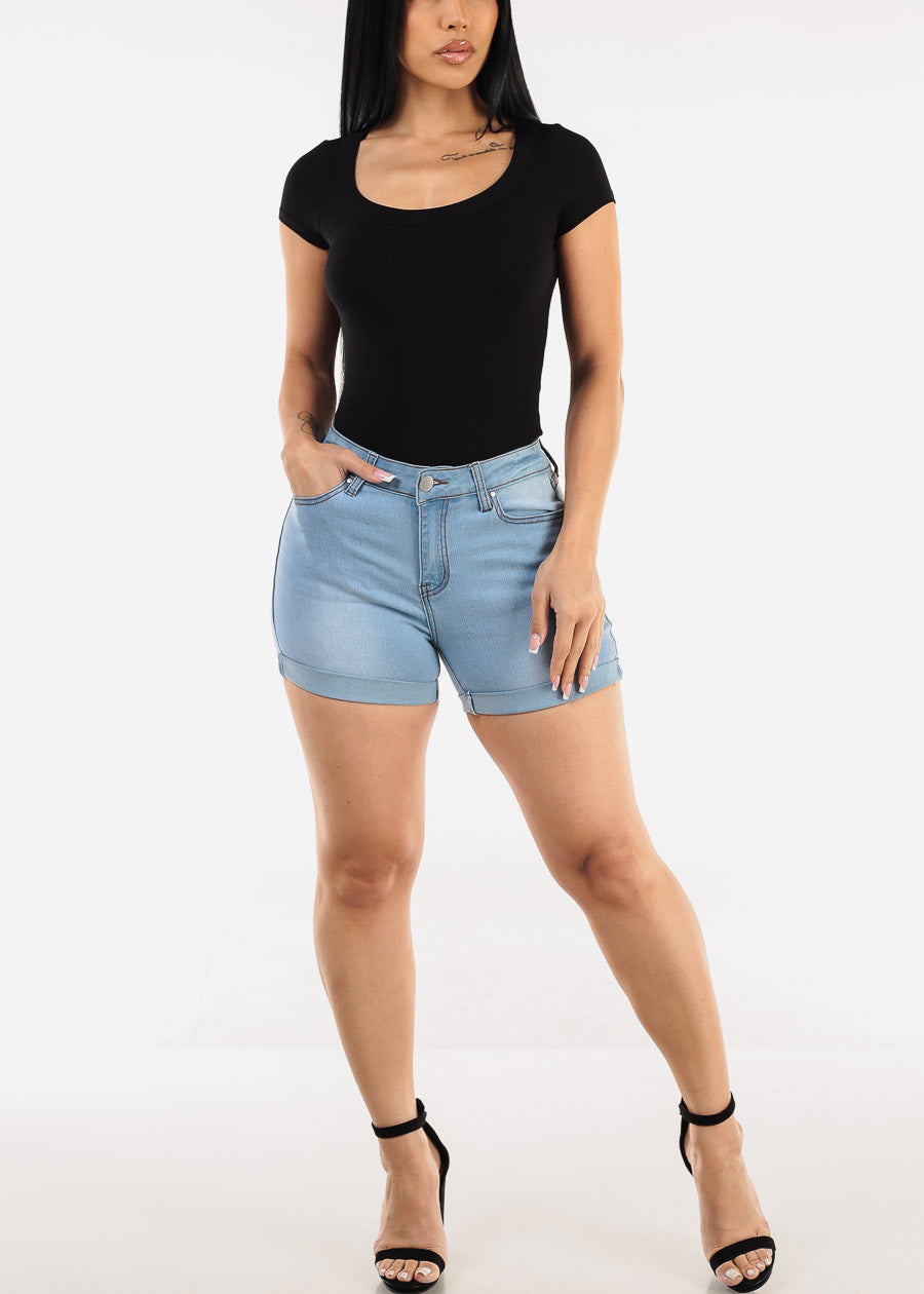 Stretchy Mid Rise Cuffed Denim Shorts Light Blue