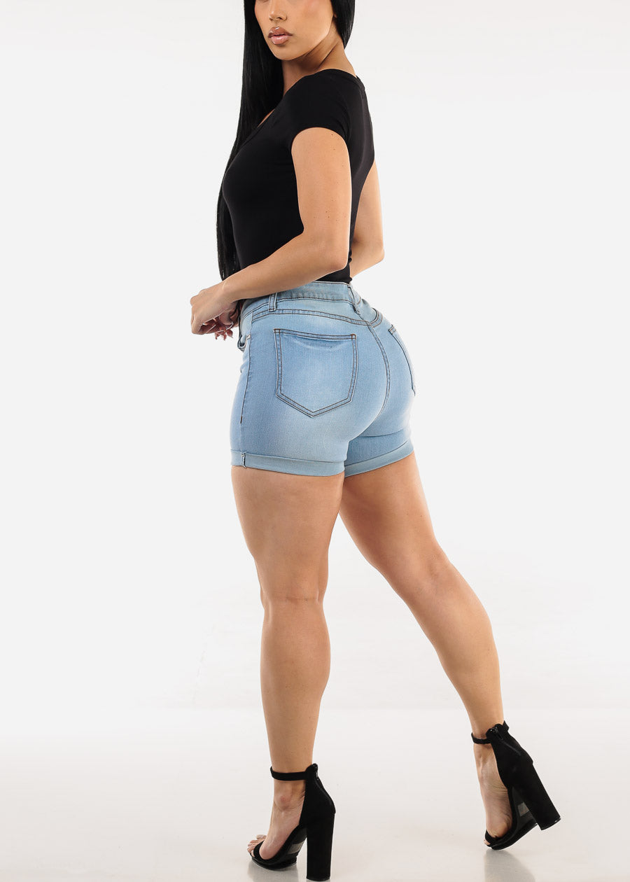 Stretchy Mid Rise Cuffed Denim Shorts Light Blue