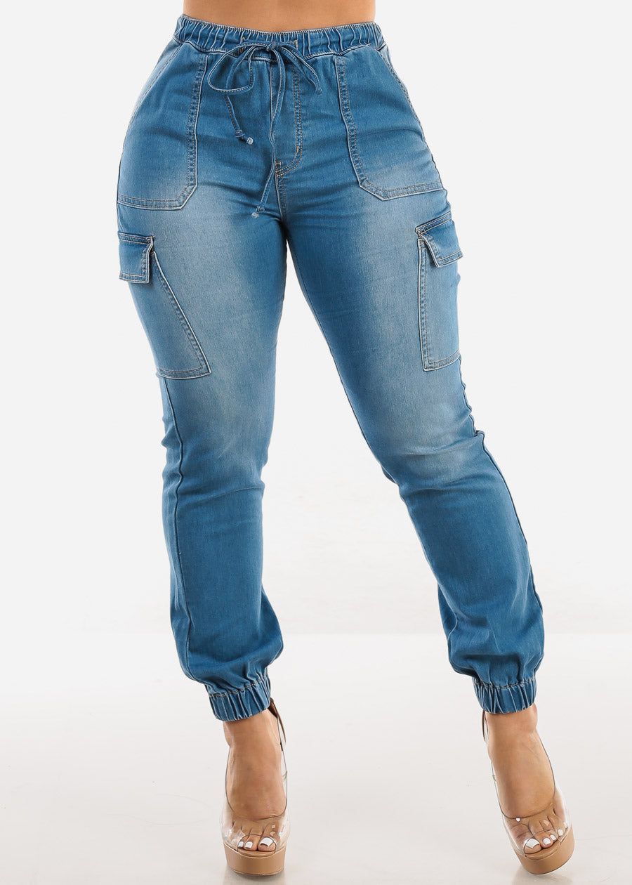 High Drawstring Waist Cargo Jogger Jeans Med Blue