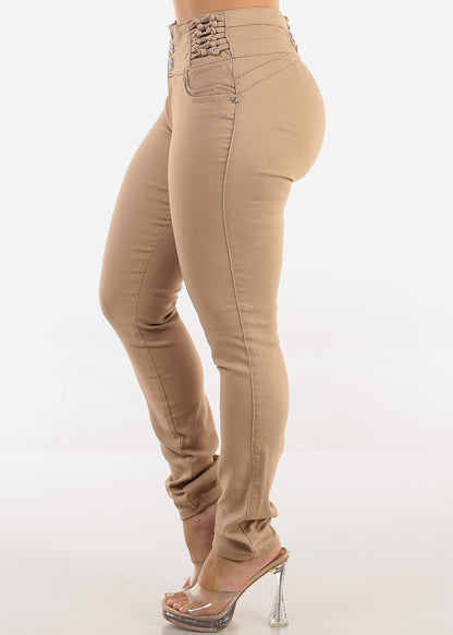 Butt Lift Mid Rise Khaki Stretch Skinny Jeans