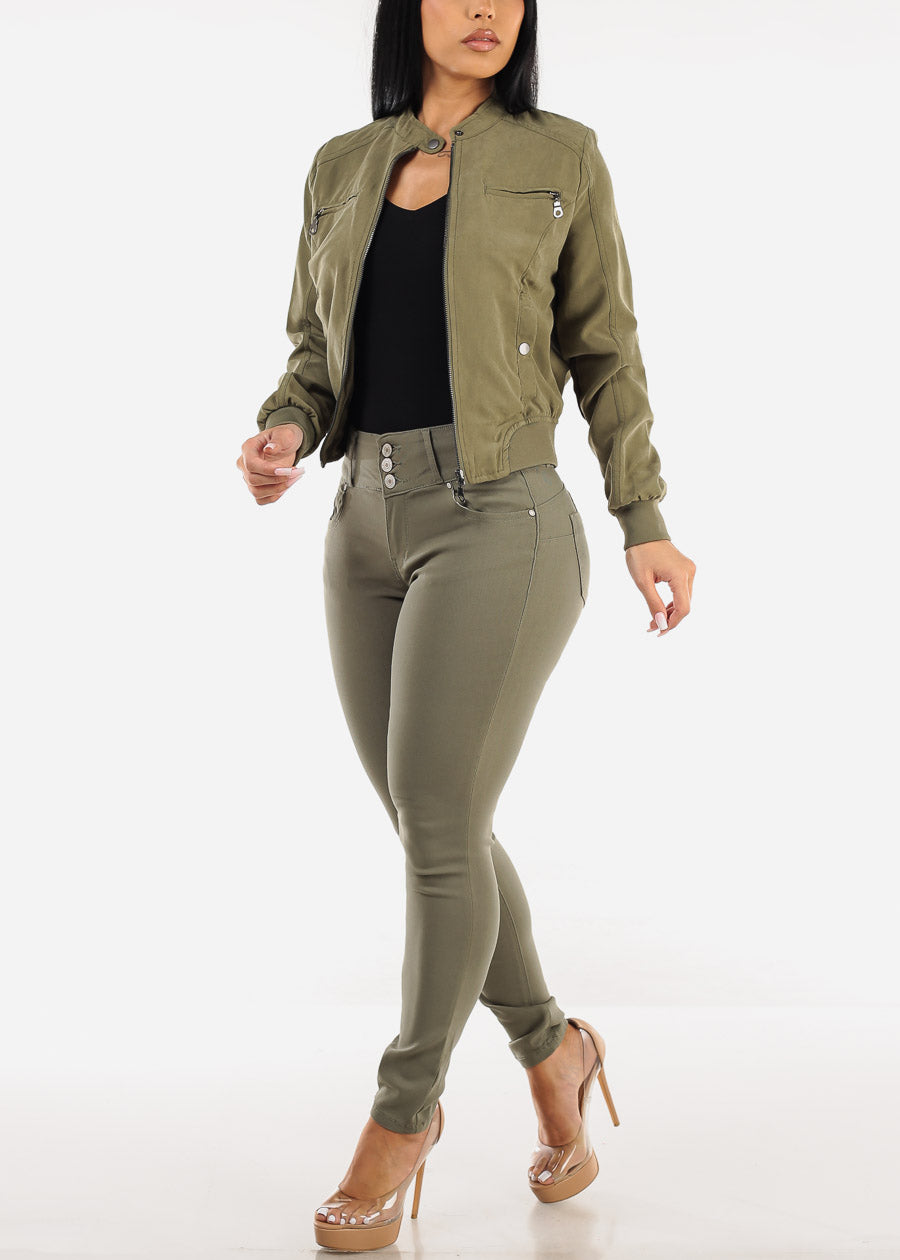 Butt Lift Mid Rise Hyper Stretch Skinny Pants Olive