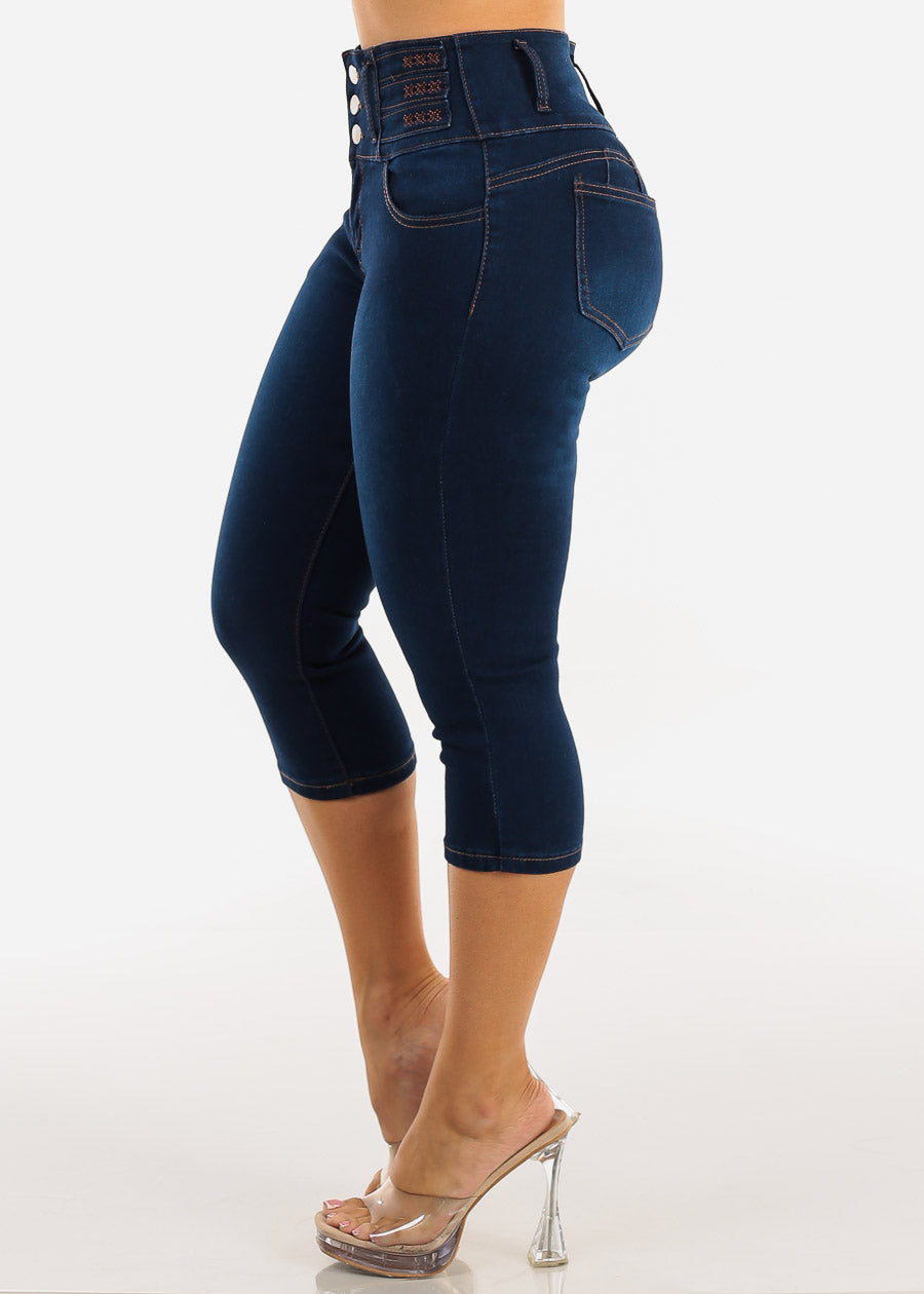 Butt Lift High Waist Stretch Denim Capris Dark Wash