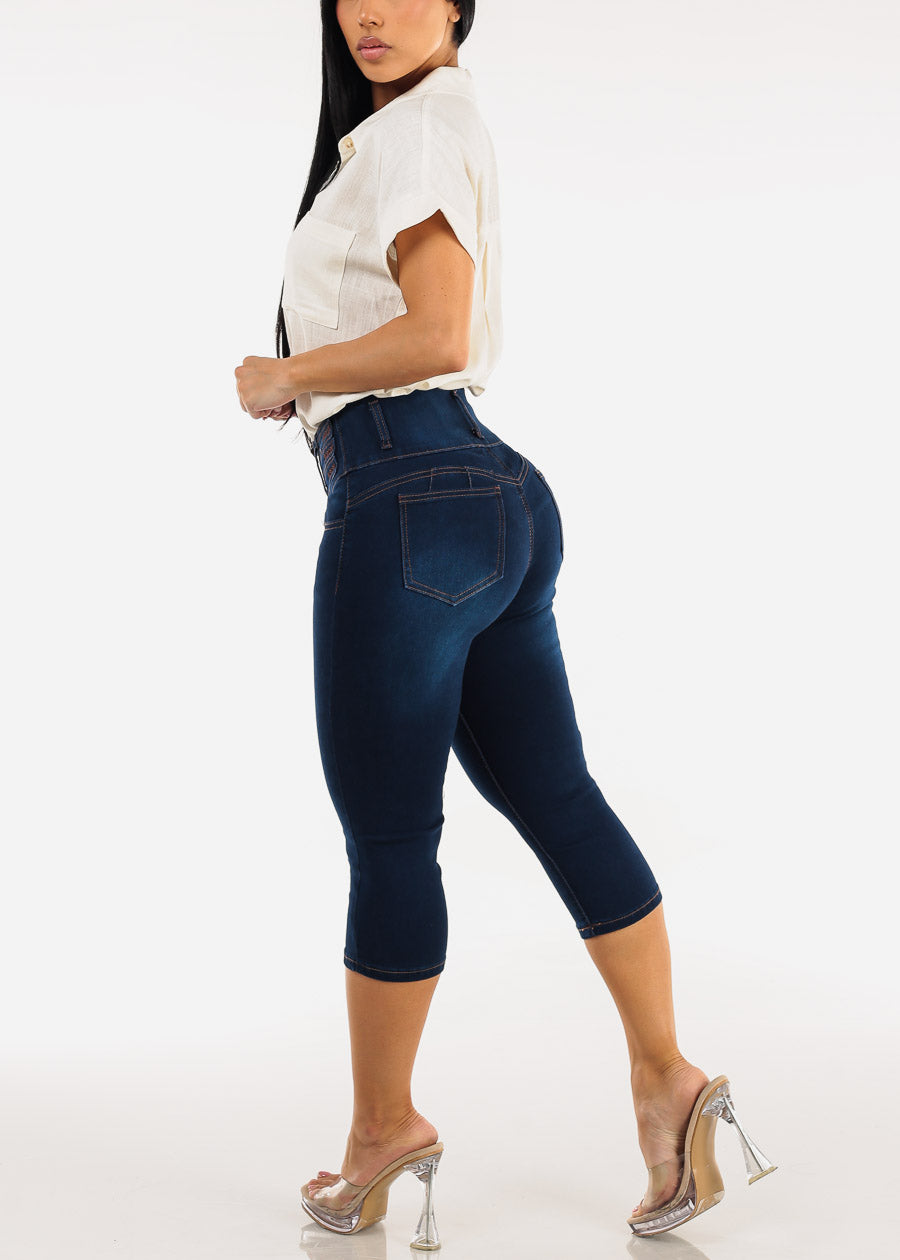 Butt Lift High Waist Stretch Denim Capris Dark Wash