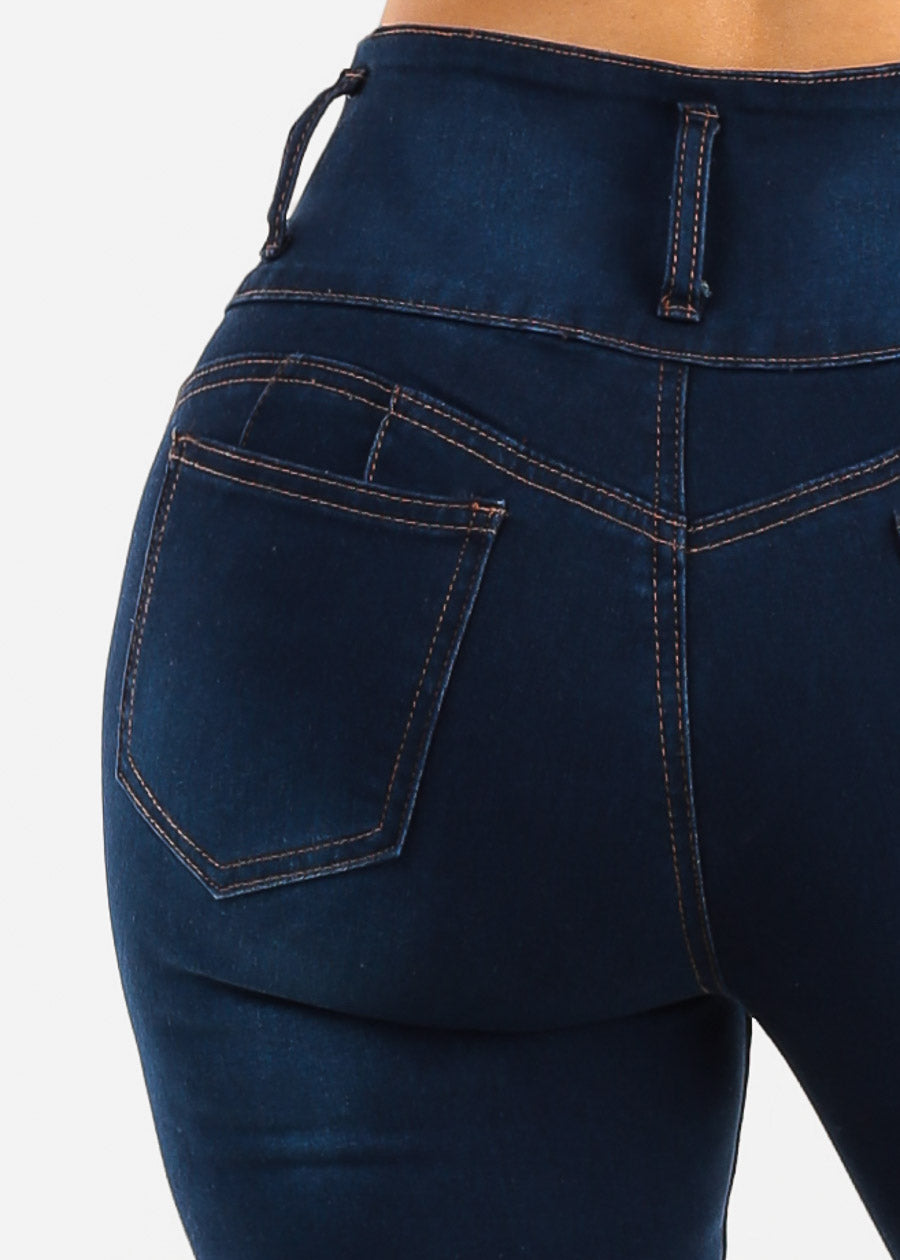 Butt Lift High Waist Stretch Denim Capris Dark Wash