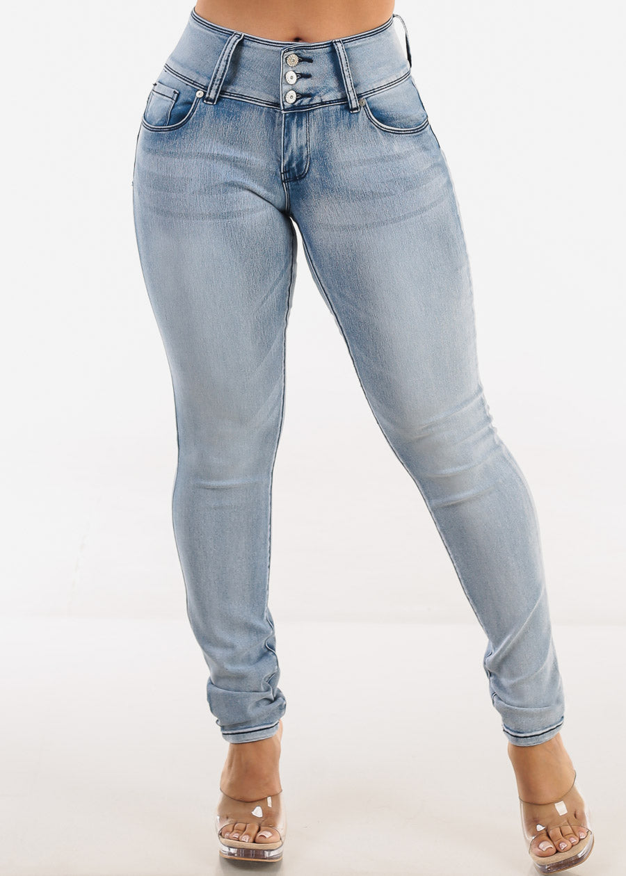 Butt Lift Mid Rise Acid Wash Stretch Skinny Jeans