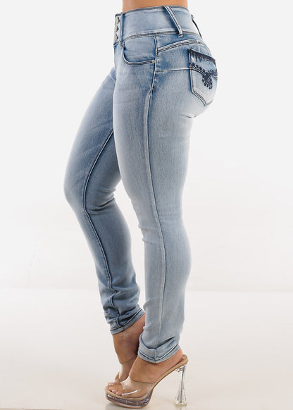 Butt Lift Mid Rise Acid Wash Stretch Skinny Jeans