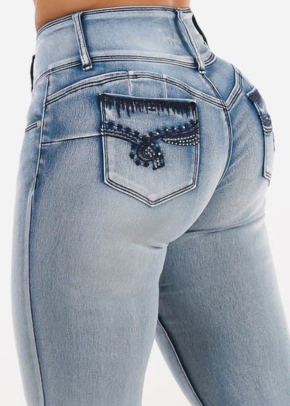 Butt Lift Mid Rise Acid Wash Stretch Skinny Jeans