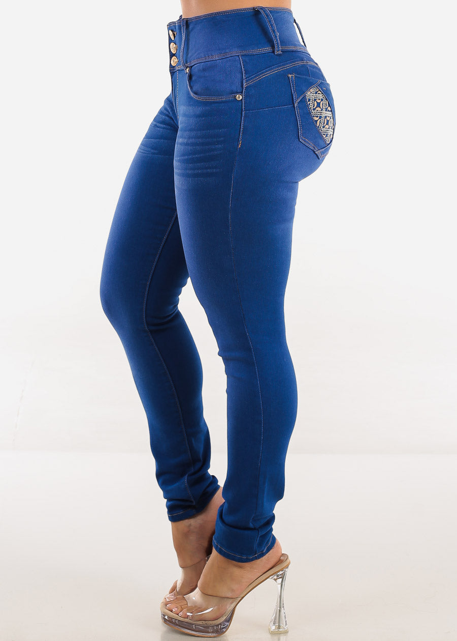 Butt Lift Mid Rise Stretchy Skinny Jeans Royal Blue