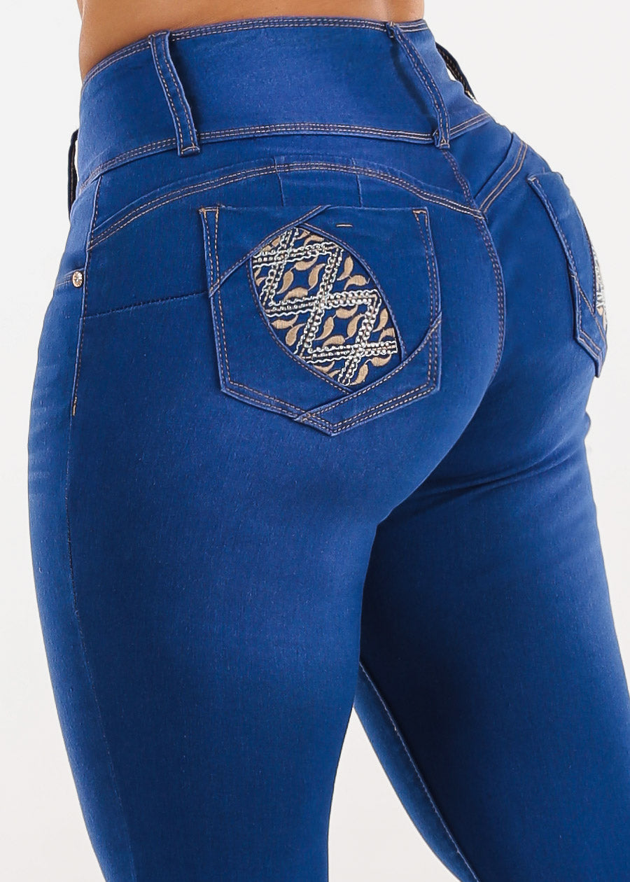 Butt Lift Mid Rise Stretchy Skinny Jeans Royal Blue