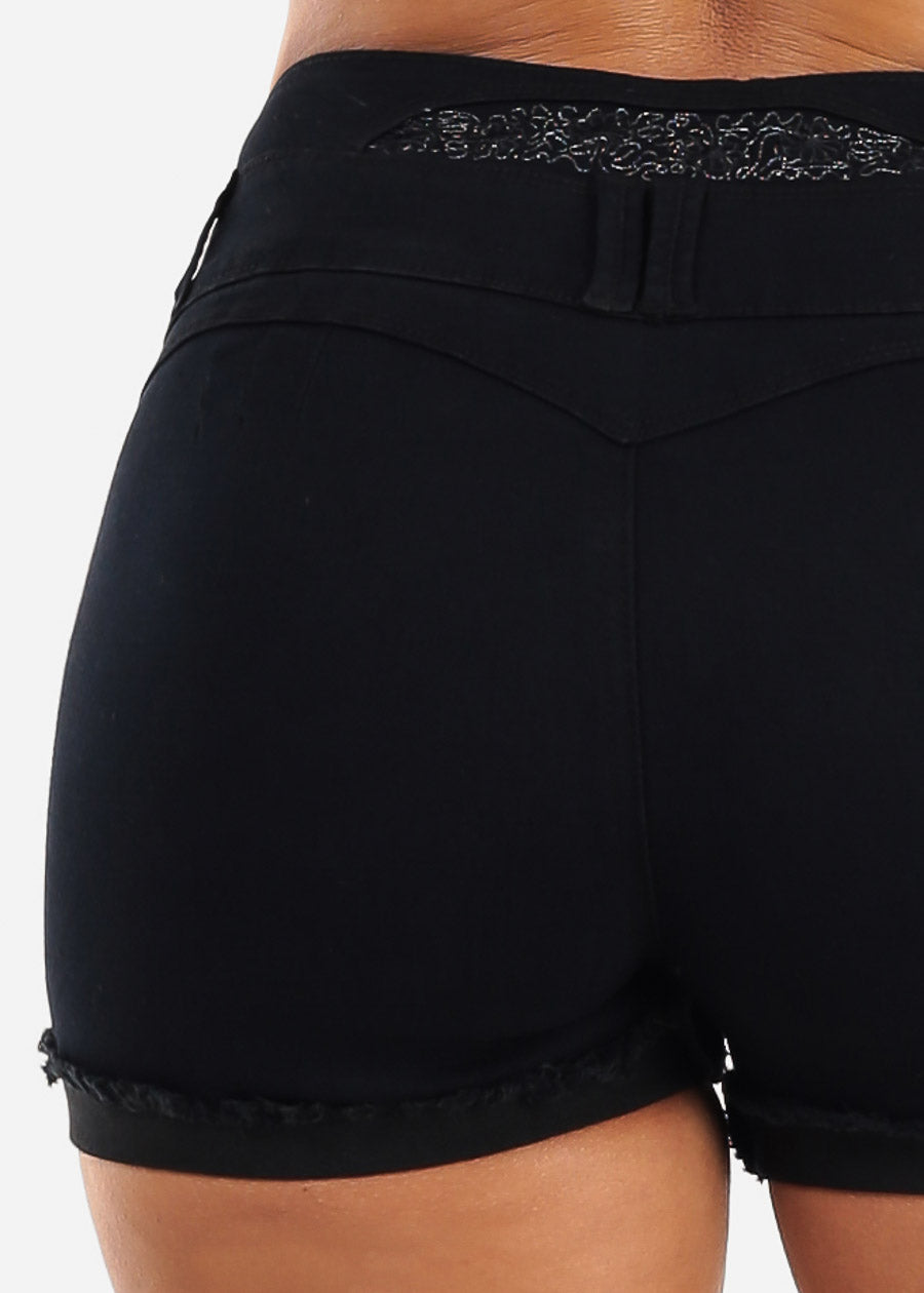 MX JEANS Embroidered Back Butt Lift Stretch Cuffed Denim Shorts Black