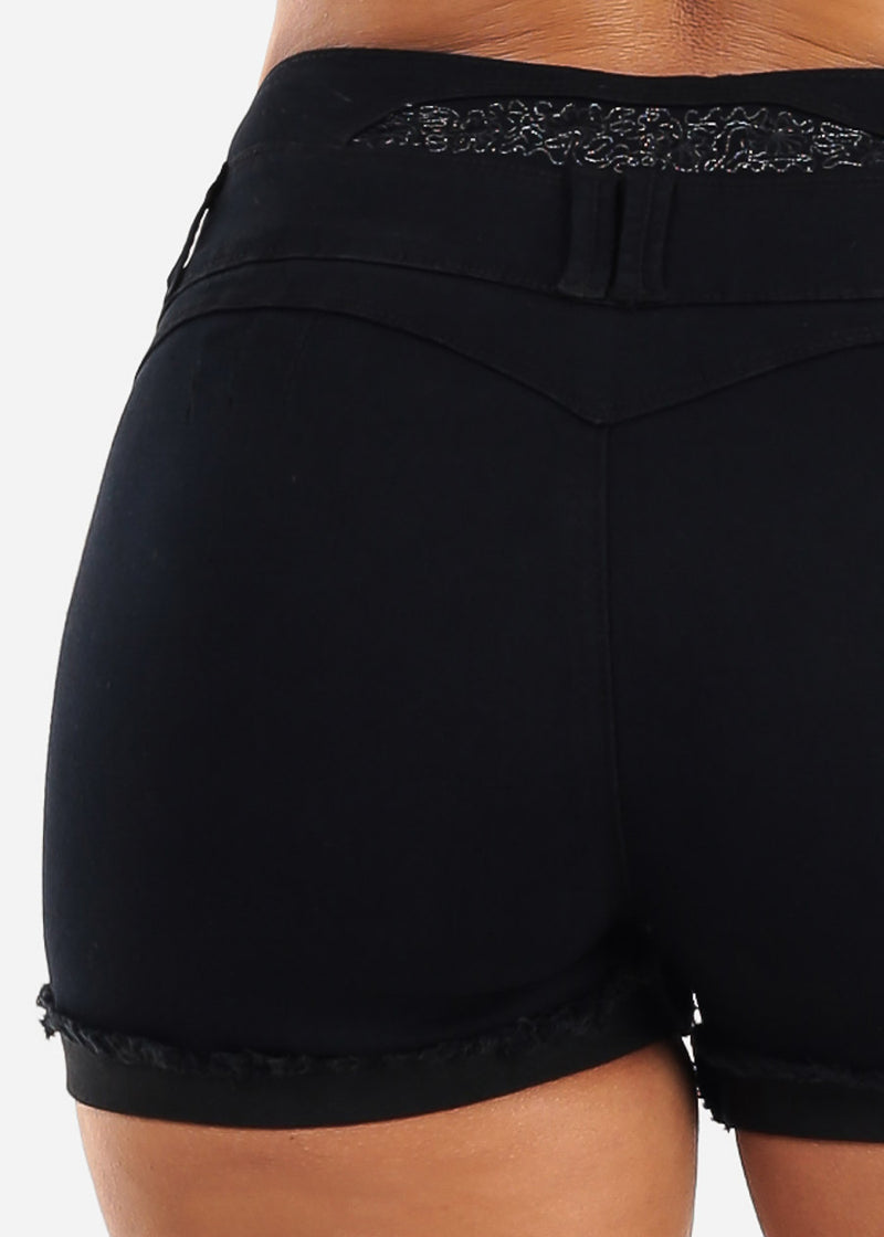 MX JEANS Embroidered Back Butt Lift Stretch Cuffed Denim Shorts Black