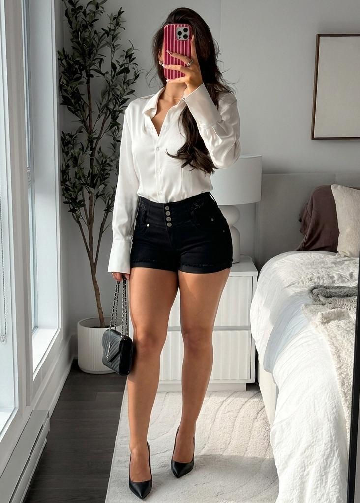 woman taking selfie wearing high waist black butt lifting shorts by moda xpress
