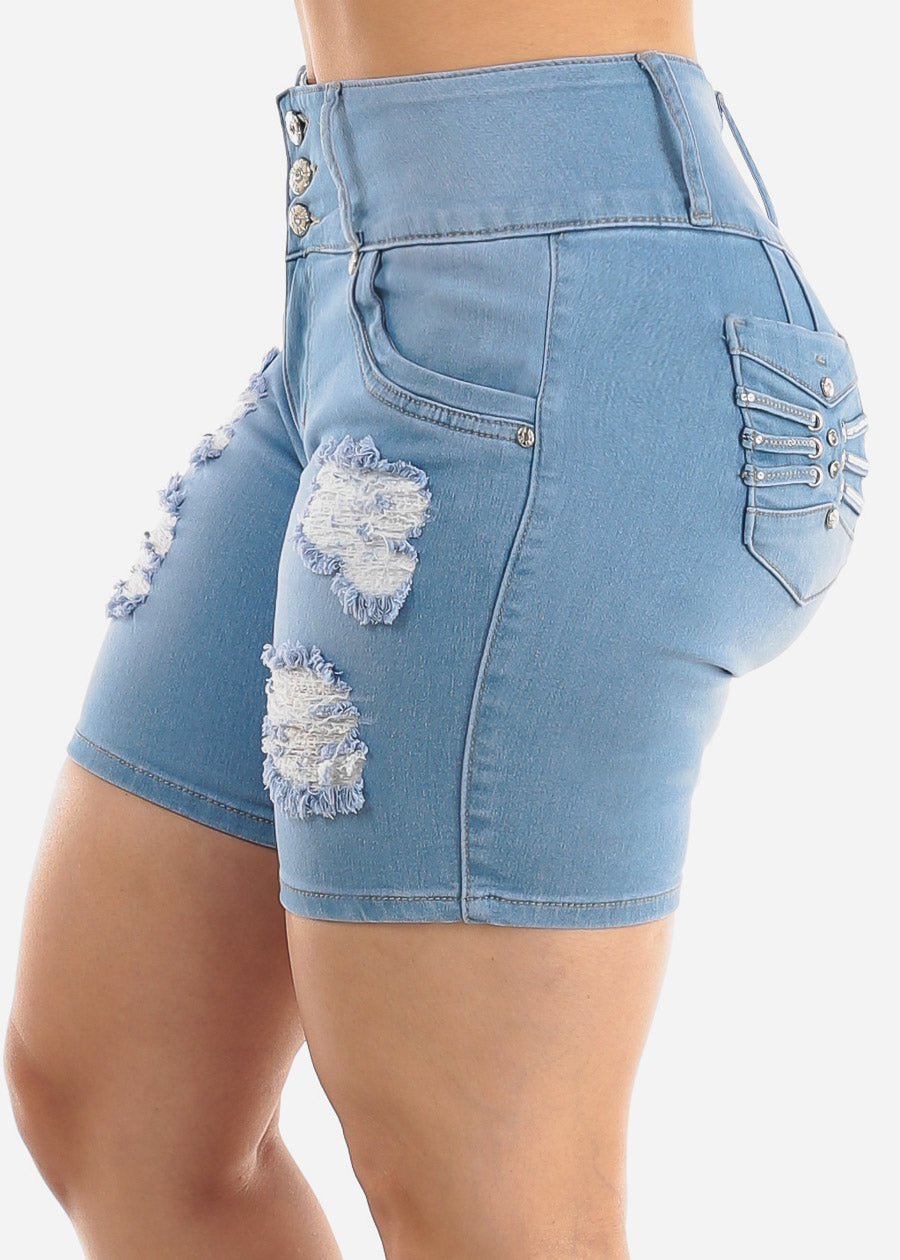 Butt Lift Distressed Mid Thigh Light Denim Shorts