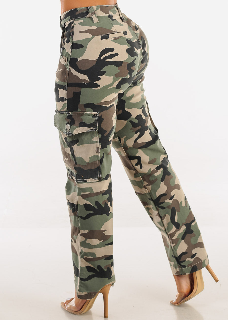 High Waist Hyper Stretch Straight Camo Cargo Pants