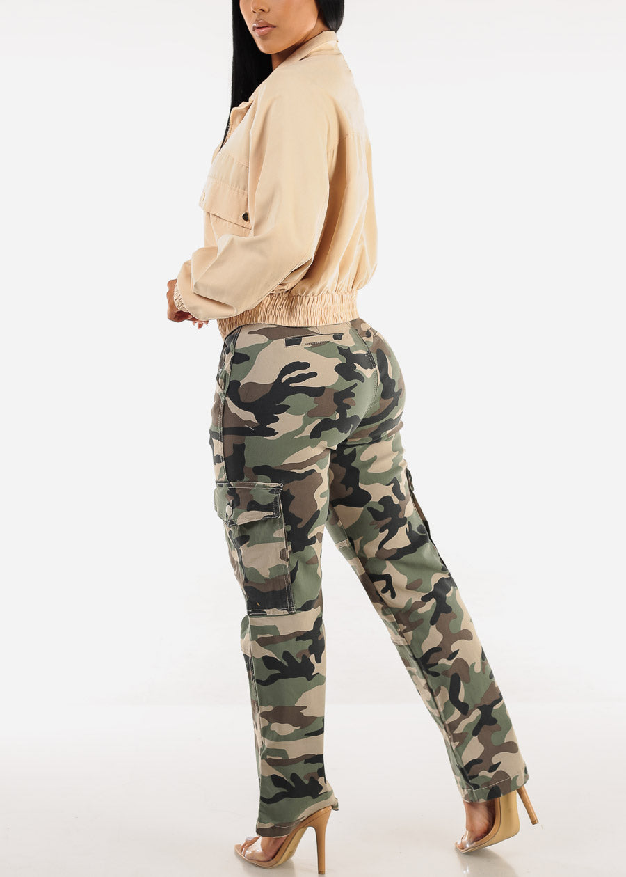 High Waist Hyper Stretch Straight Camo Cargo Pants