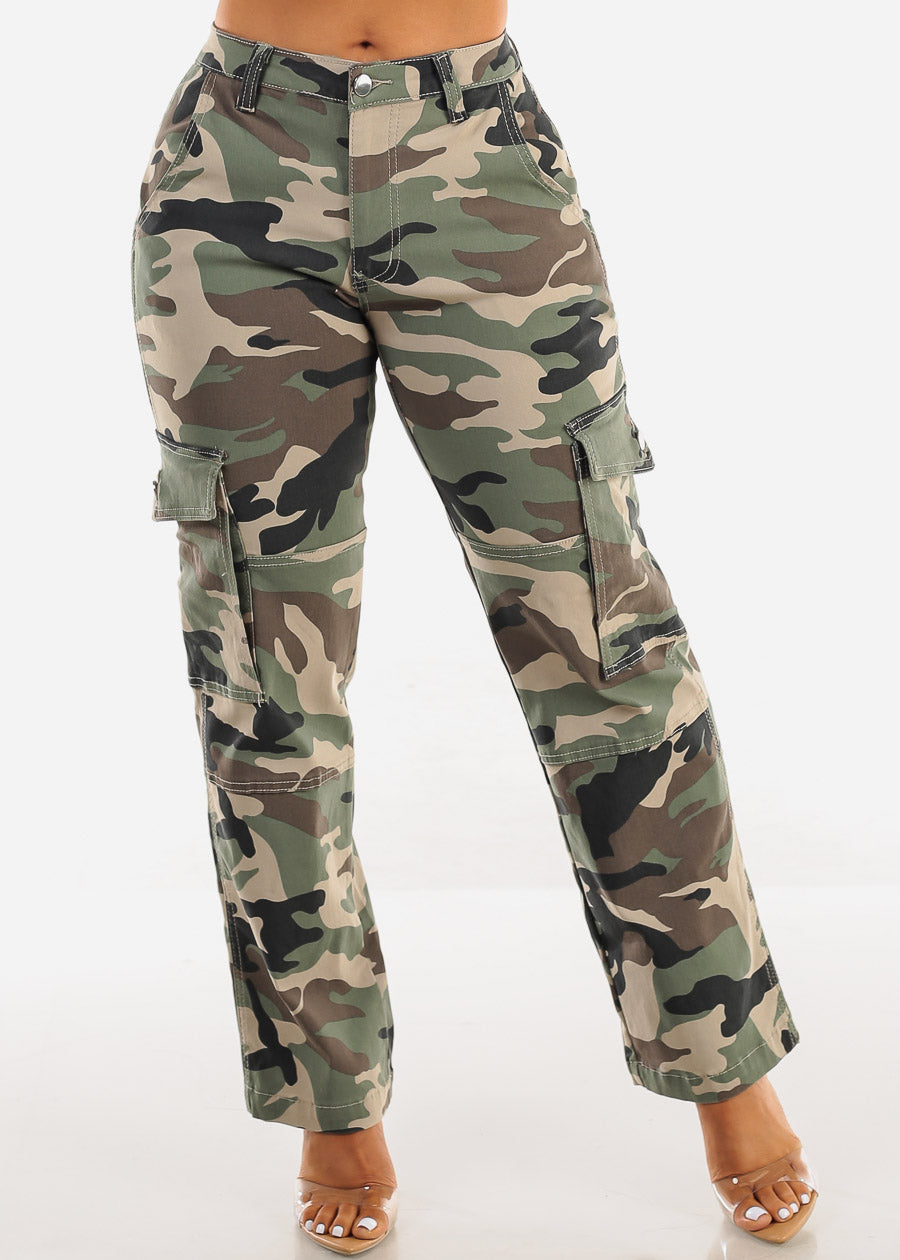 High Waist Hyper Stretch Straight Camo Cargo Pants