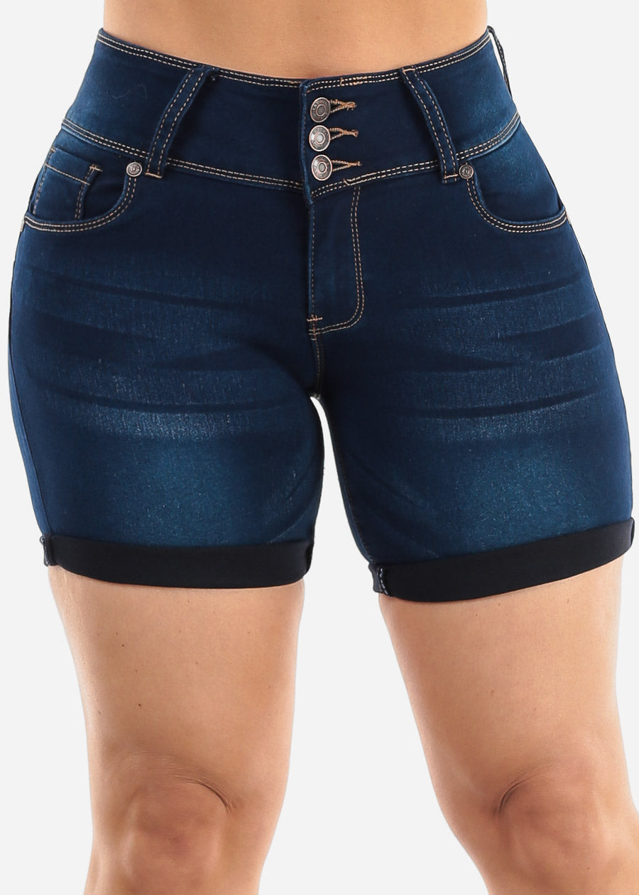 High Waist Butt Lift Mid Thigh Dark Denim Shorts