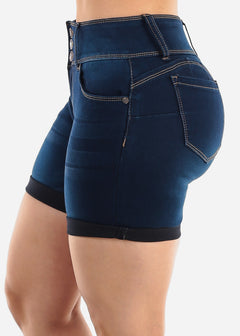 High Waist Butt Lift Mid Thigh Dark Denim Shorts