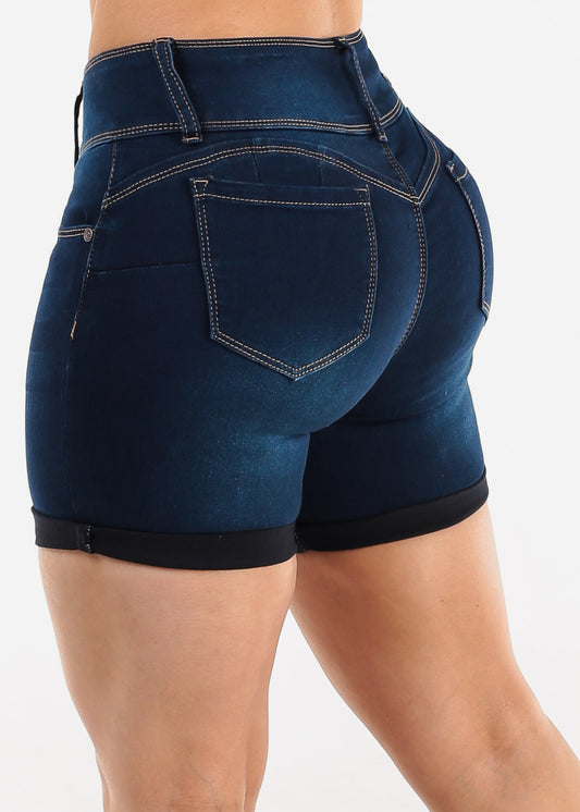 High Waist Butt Lift Mid Thigh Dark Denim Shorts