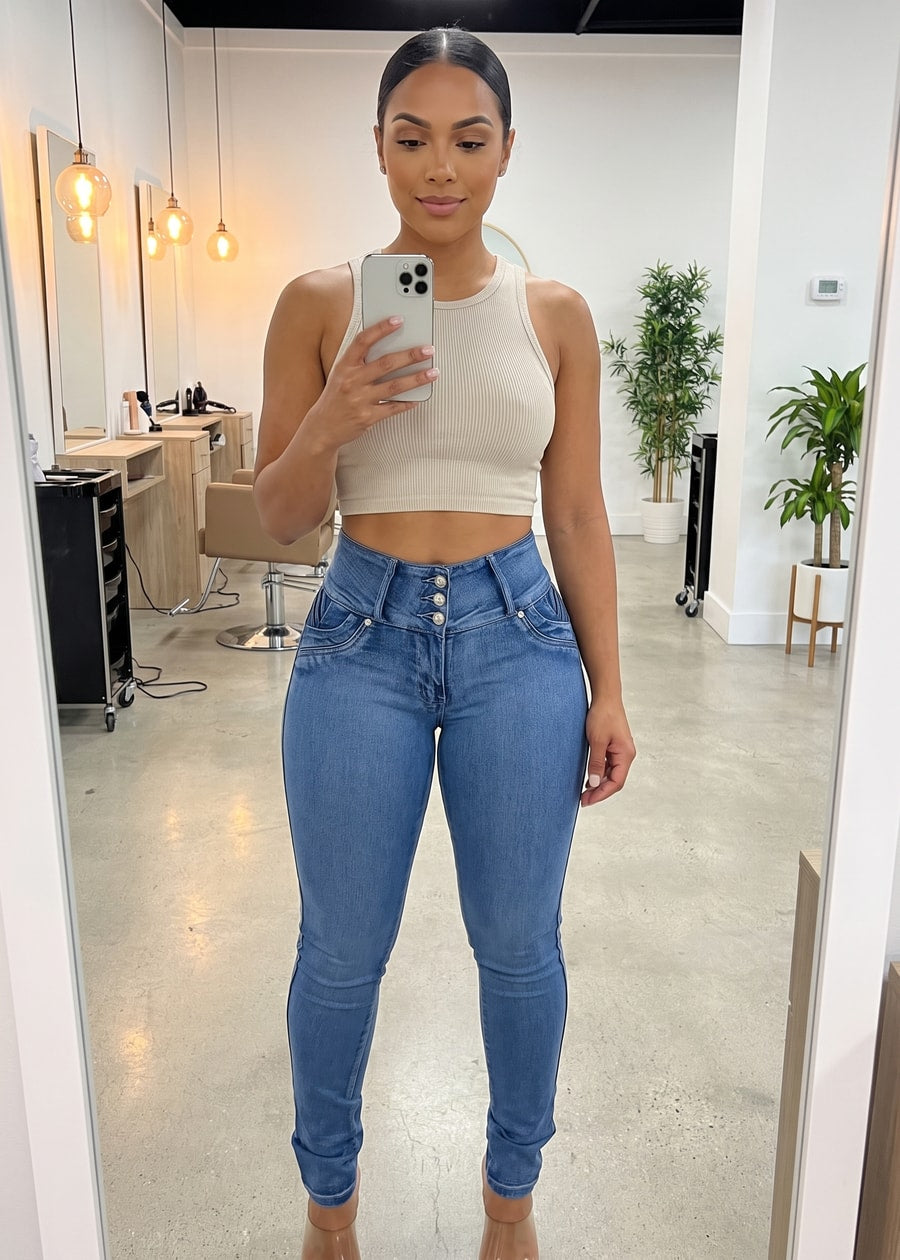 MX JEANS Levanta Cola Blue Skinny Jeans, view 21 of 22