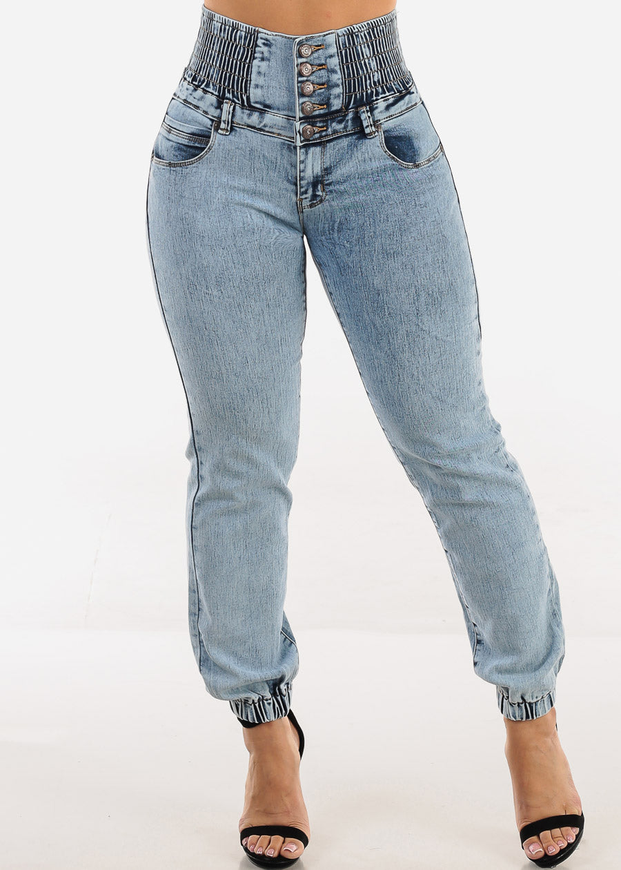 MX JEANS Butt Lift 5 Button Spandex Waist Jogger Jeans Acid Wash