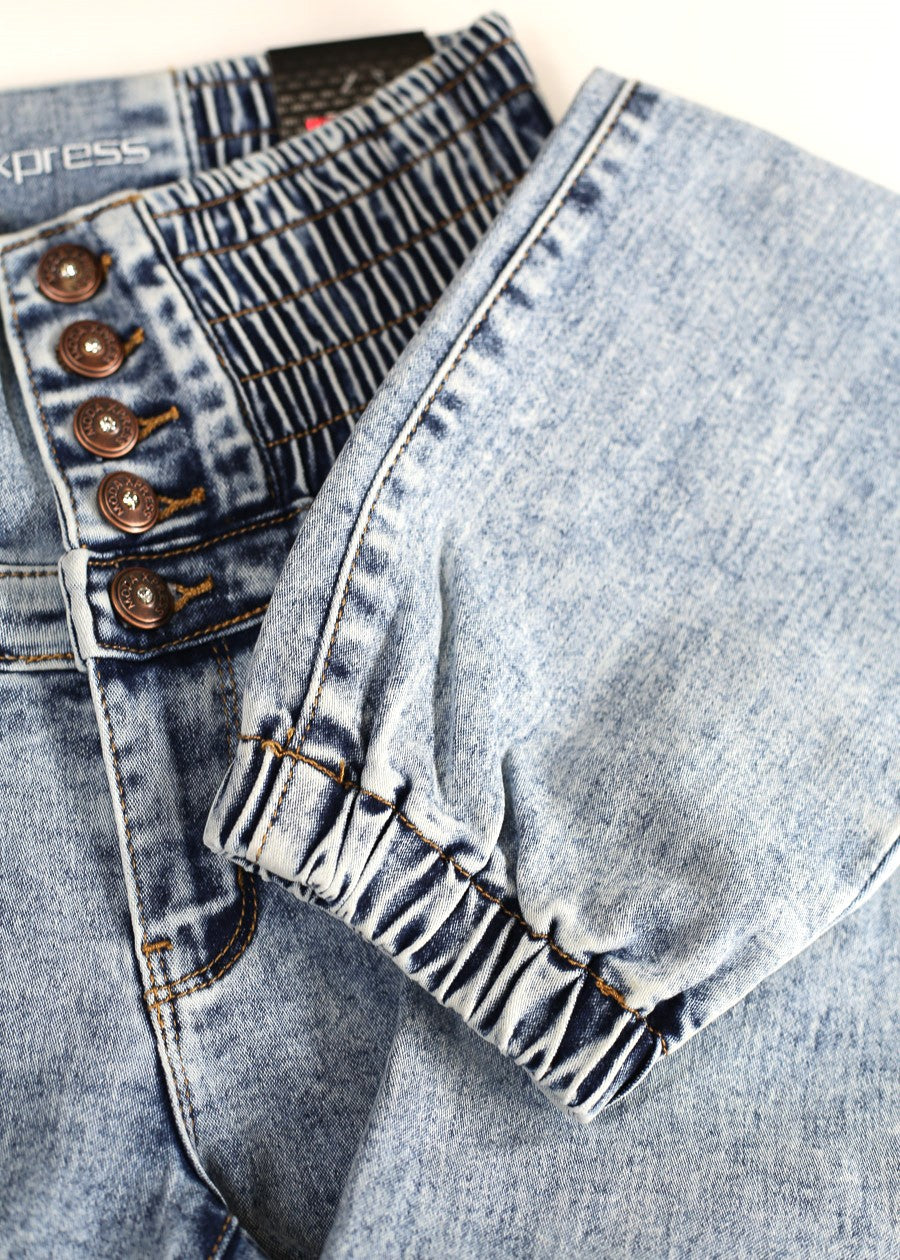 MX JEANS Butt Lift 5 Button Spandex Waist Jogger Jeans Acid Wash