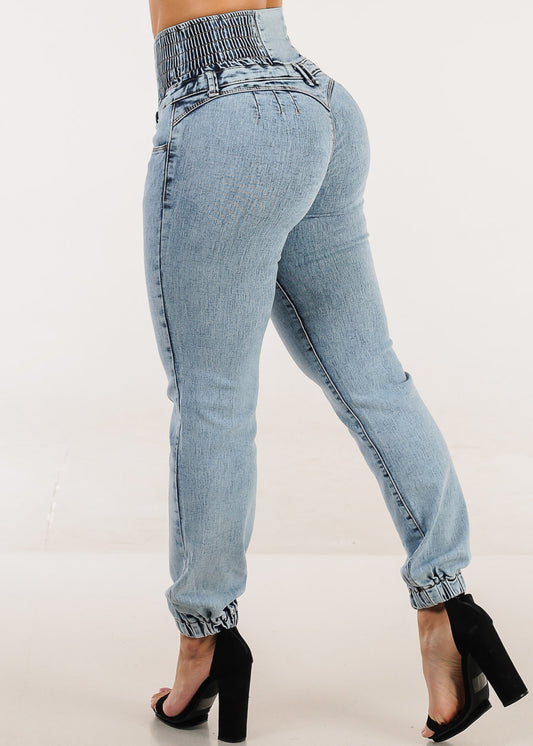 MX JEANS Butt Lift 5 Button Spandex Waist Jogger Jeans Acid Wash