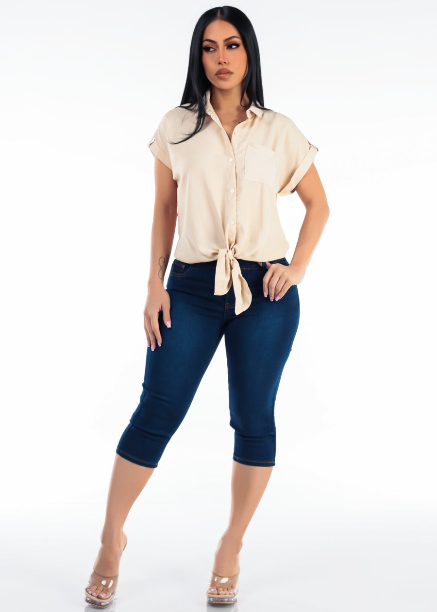 MX JEANS Super High Waist Stretch Denim Capris Dark Blue
