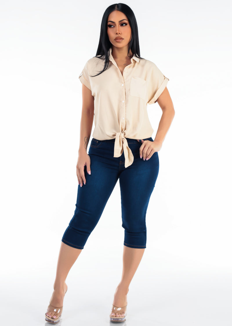 MX JEANS Super High Waist Stretch Denim Capris Dark Blue