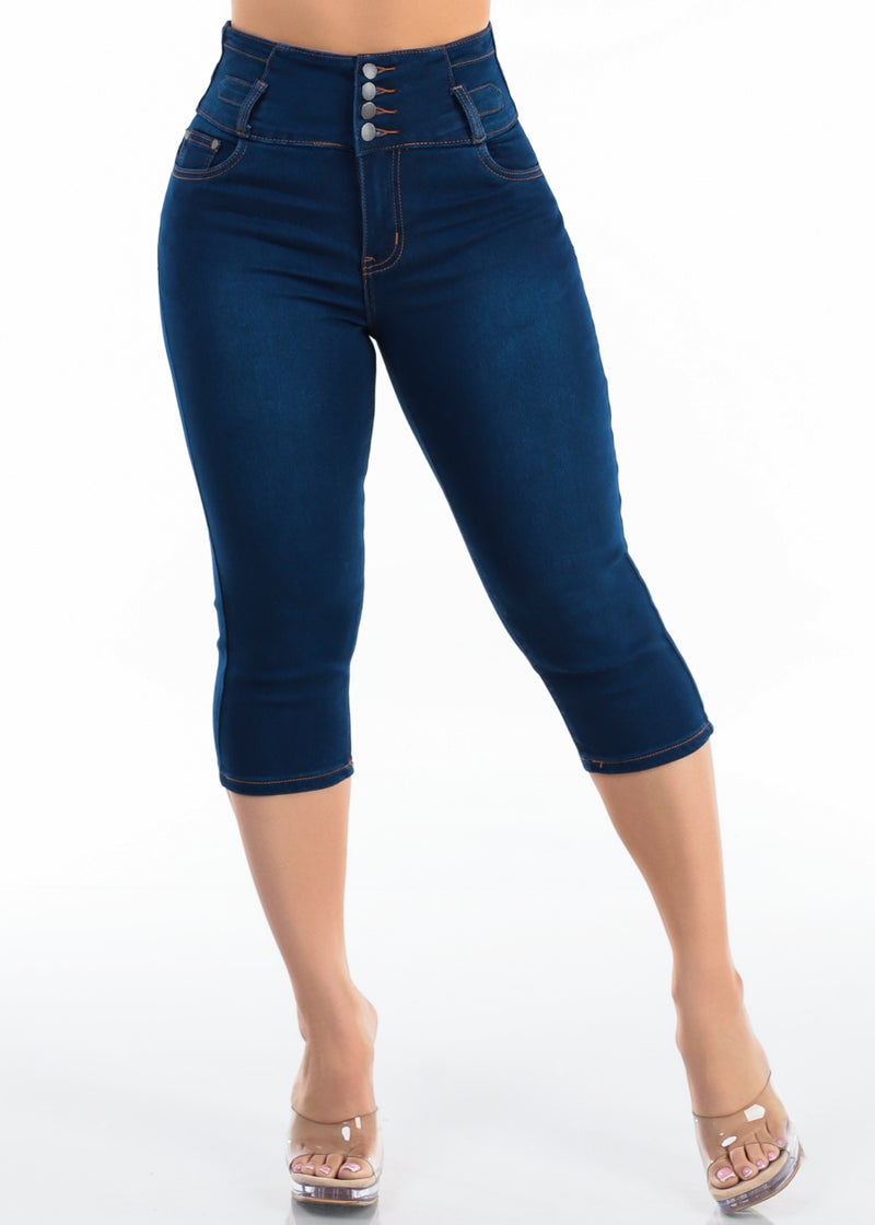 MX JEANS Super High Waist Stretch Denim Capris Dark Blue