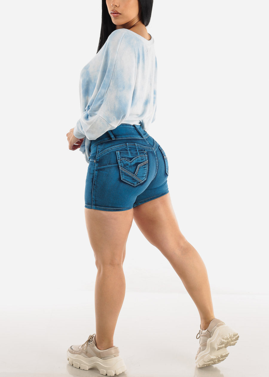 Butt Lifting Mid Rise Denim Shorts Teal