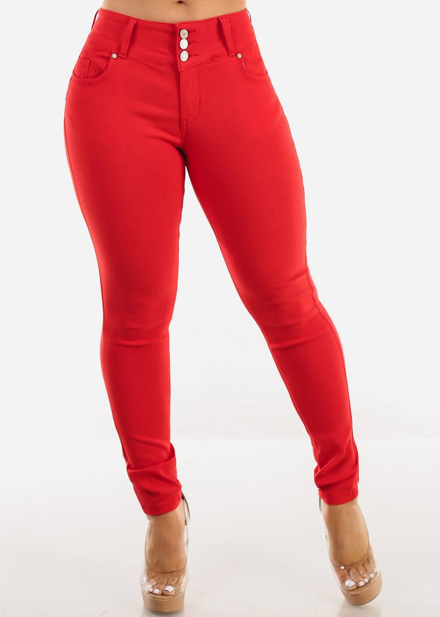 Butt Lift Mid Rise Hyper Stretch Skinny Pants Red