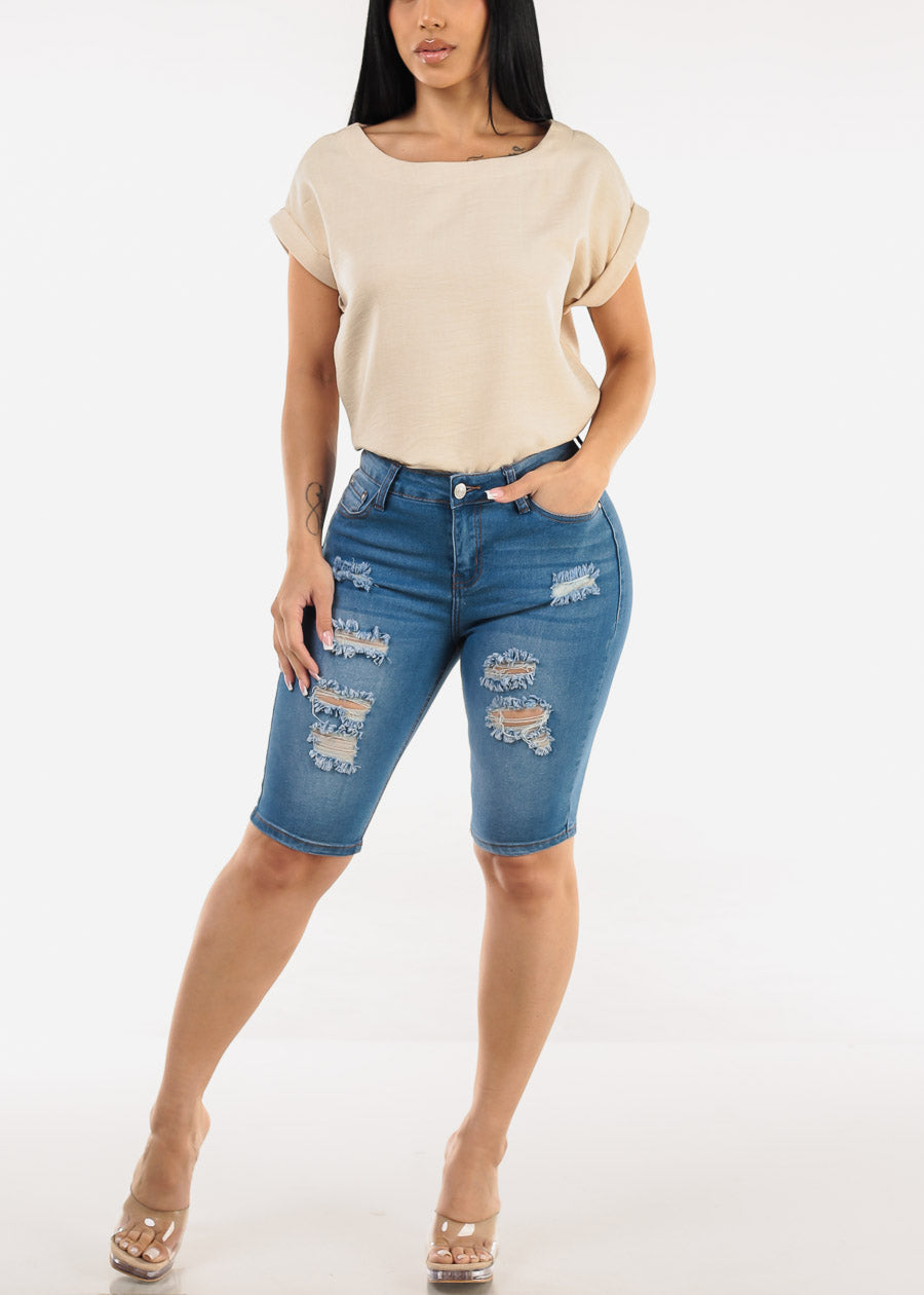 Stretchy Mid Rise Ripped Denim Bermuda Shorts Blue