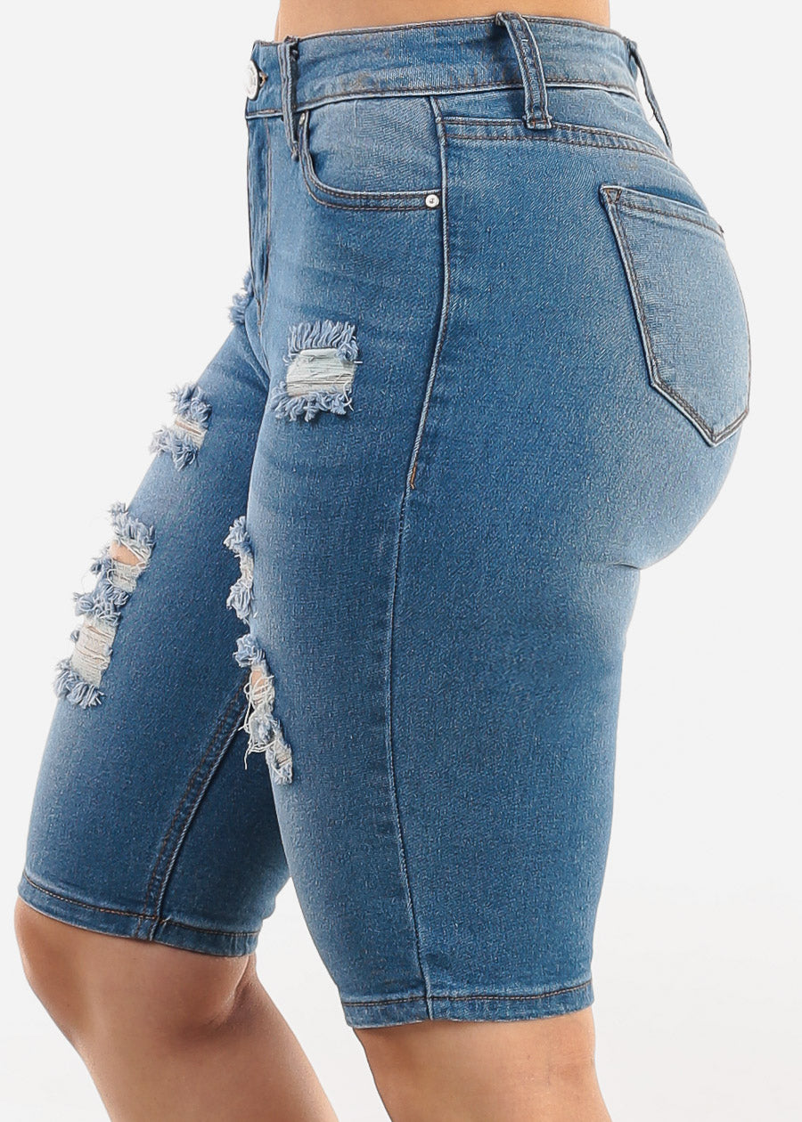 Stretchy Mid Rise Ripped Denim Bermuda Shorts Blue