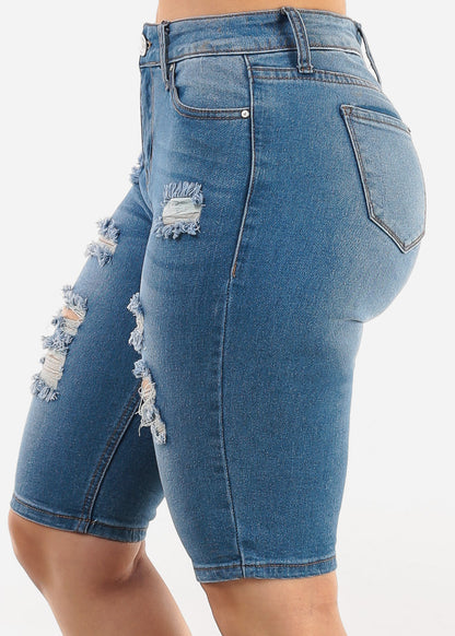 Stretchy Mid Rise Ripped Denim Bermuda Shorts Blue