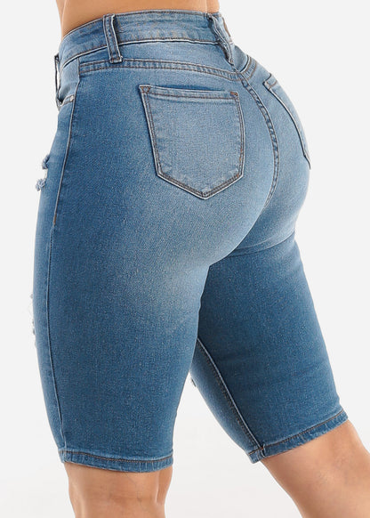 Stretchy Mid Rise Ripped Denim Bermuda Shorts Blue
