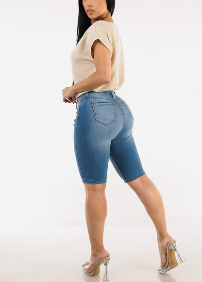 Stretchy Mid Rise Ripped Denim Bermuda Shorts Blue