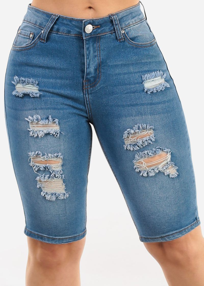 Stretchy Mid Rise Ripped Denim Bermuda Shorts Blue