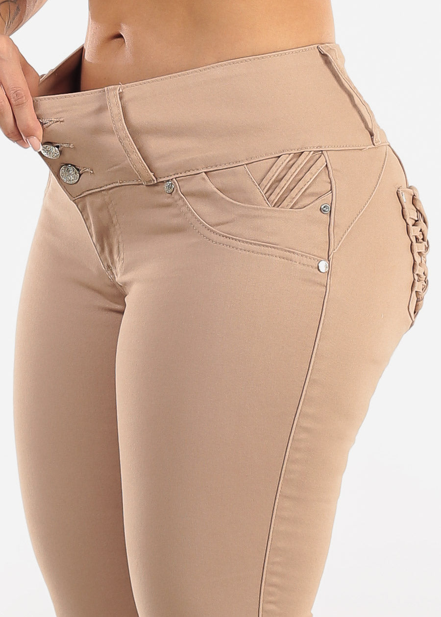 MX JEANS Braided Pocket Butt Lifting Khaki Skinny Jeans