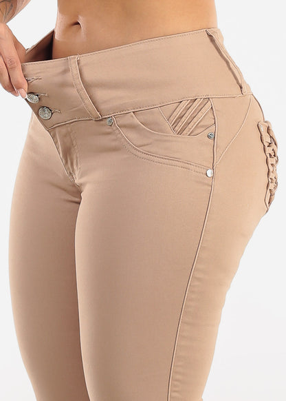 MX JEANS Braided Pocket Butt Lifting Khaki Skinny Jeans