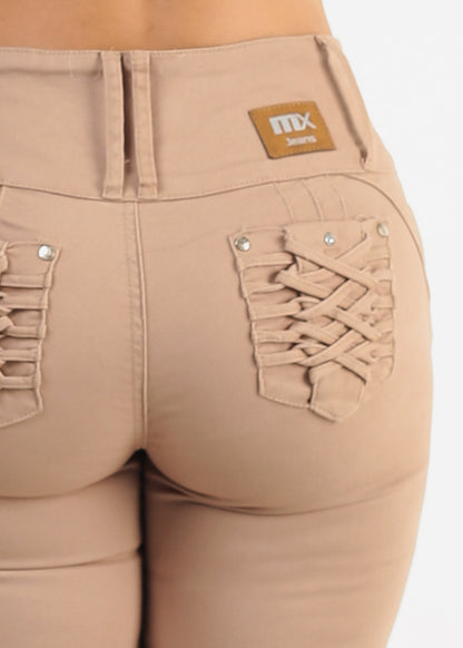 MX JEANS Braided Pocket Butt Lifting Khaki Skinny Jeans