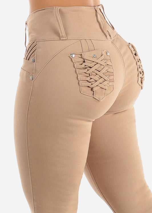 MX JEANS Braided Pocket Butt Lifting Khaki Skinny Jeans