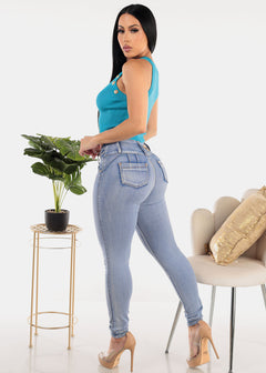 High Waisted Butt Lift Skinny Jeans Light Wash