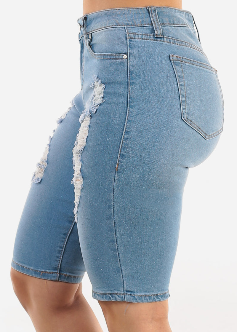 Stretchy Mid Rise Ripped Light Denim Bermuda Shorts