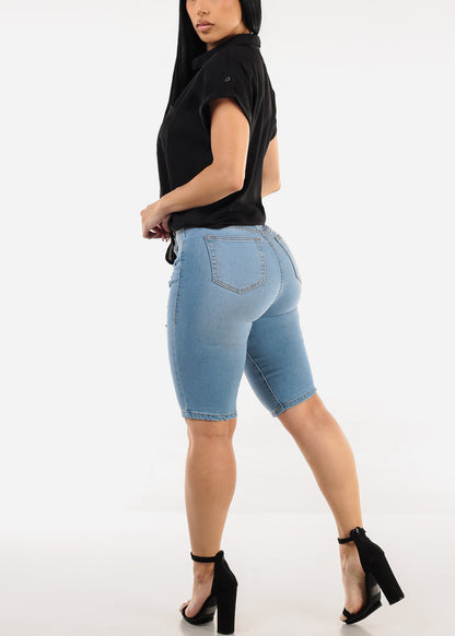 Stretchy Mid Rise Ripped Light Denim Bermuda Shorts
